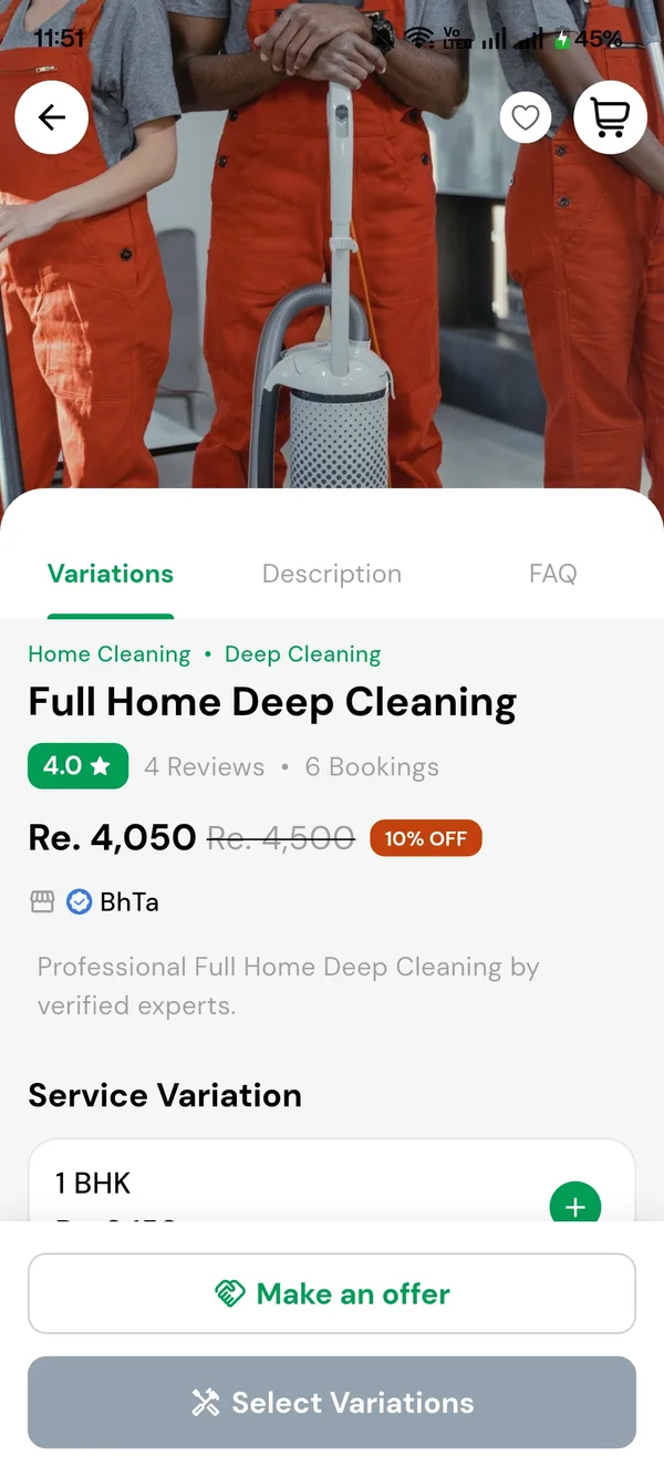 Service page with variations and Make an offer
